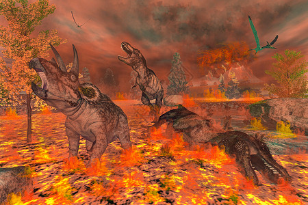 翼手龙捕食者暴龙三环和白恐由于大火山爆发导致的热火而逃离或3D使恐龙强和三环排他3D产生使成为碰撞设计图片