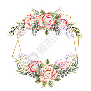 为了白色的金几何框架与一束白玫瑰叶子装饰树枝和浆果在白色隔离背景上用于徽标邀请函贺卡等的水彩插图金色几何框架与一束带叶子装饰树枝背景图片