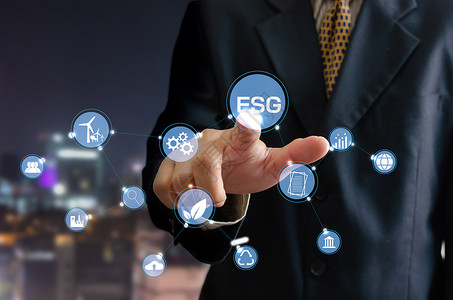 责任负的商业理念人触摸图标ESG词虚拟屏幕环境社会和治理投资组织成长功背景图片