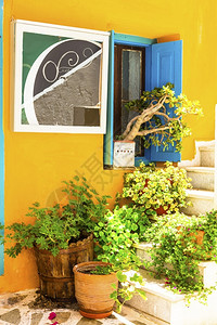咖啡店岛屿希腊群迷人的花岗小街可爱图片