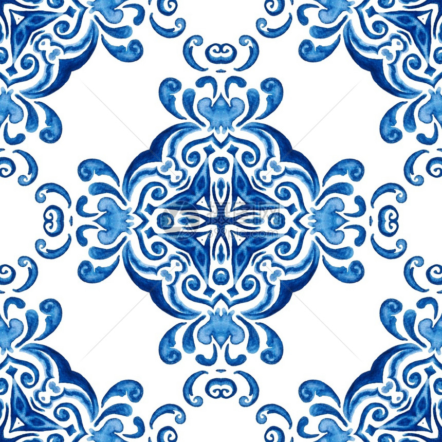 经典的蓝色和白手画壁纸背景和页面的填充蓝色和白标牌达马斯克瓷水彩色手画花岗板的蓝色和白阿祖莱霍图案蓝色和白Azulejo图案抽象图片