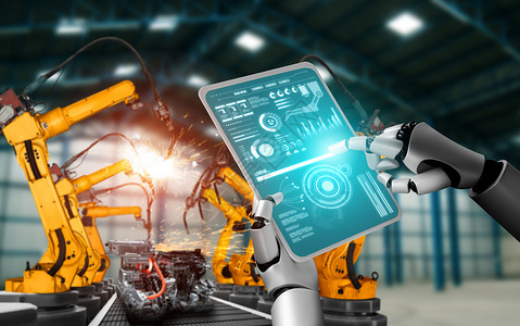 未来控制论的人造用于工厂生产装配的机械化工业器人和械臂工业革命和自动化制造过程的人工智能概念用于工厂生产装配的机械化工业器人和械背景图片
