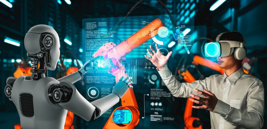 机器人化联合办公艾机械化工业器人与类工在未来厂中协同作业革命和自动化制造过程的人工智能概念机械化工业器人和类工在未来厂中协同作图片