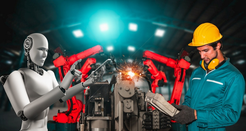 机械化工业器人与类工在未来厂中协同作业革命和自动化制造过程的人工智能概念机械化工业器人和类工在未来厂中协同作行业的机器人技术图片