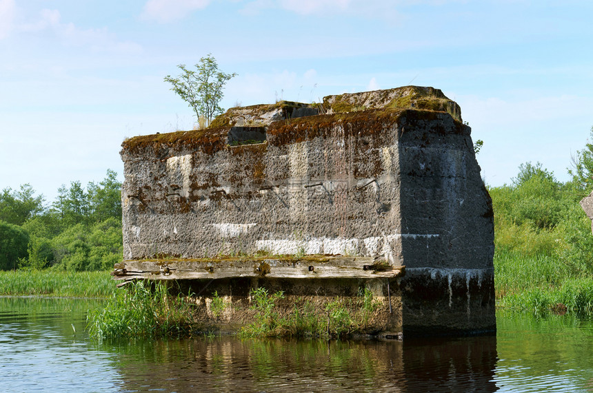 草现代的连接水中被摧毁的桥梁混凝土基础池塘内旧炸桥的混凝土支持图片