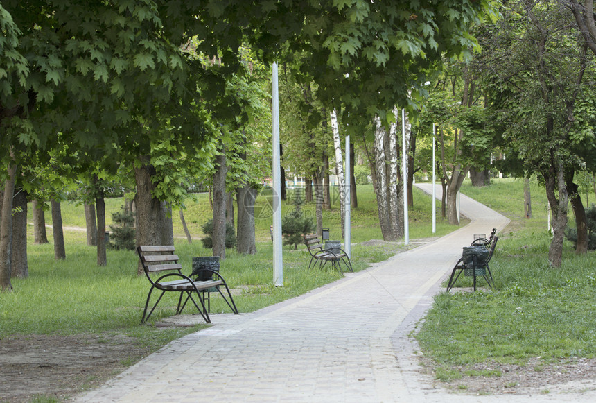 城市夏季公园的木板凳沿被围住的路道在城市夏季公园一带布满木制长椅的铺设道路通往城市夏季公园的远处阴影景观天图片