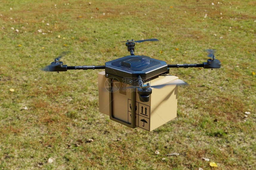 货物在农舍中交付飞行无人机商业技术运输和农概念在线购物和客户房屋服务3D插图渲染分配命令图片