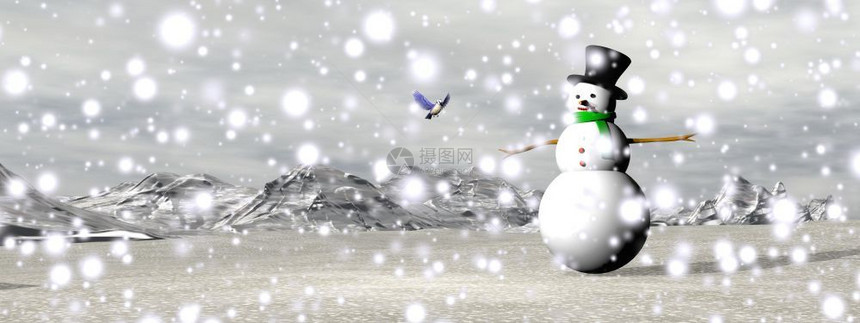 一位雪人站在冬季风景中的雪人山上和林木下着落的雪由日光下的白雪人在3D化身季节动物假期图片