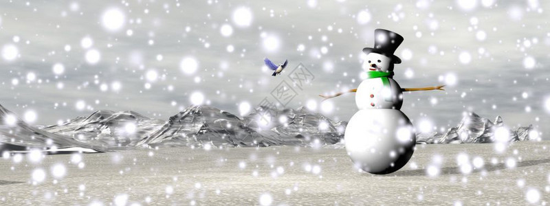 一位年度总监一位雪人站在冬季风景中的雪人山上和林木下着落的雪由日光下的白雪人在3D化身季节动物假期设计图片
