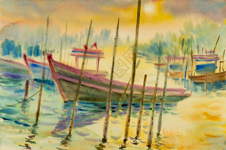 水彩天空海洋原画关于水渔船和黄光云底背景的情绪反射色彩多原始画以黄光和云底背景背景图片