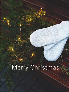 编织凳一棵装饰着华丽花纹树的圣诞快乐写字分支长在凳上还有编织白色手套喜悦圣诞节写字分支装饰着园林的金边树和编织的白手套在长凳上还有编织背景