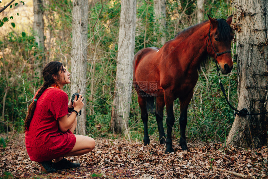 一种年轻对身着洋装的年轻女子正在阅读一本书森林里用旧相机和马拍照红色的户外图片