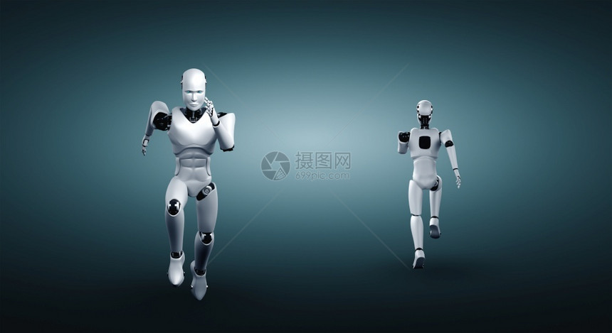 目标种族商业运行机器人形显示快速运动和生命能量在未来创新发展的概念对AI大脑和人工智能思维通过机器学习3D插图运行机器人形显示快图片