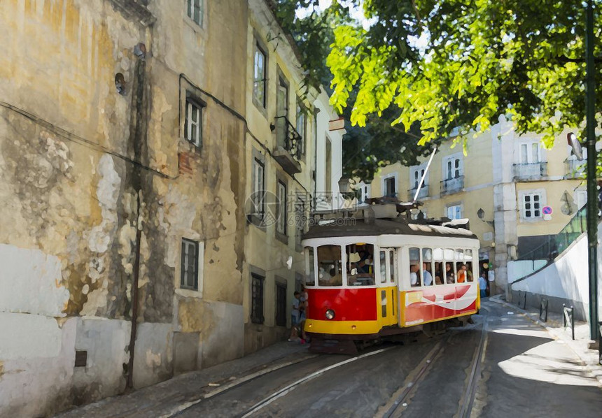 中央镇2015年9月6日Lisbon是一个首都葡萄牙著名的城市必须成为知名的Lissabon电车的一幅动画印象在Lissabon图片