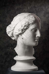 女神来了女士历史古老的维纳斯德米洛雕像白石膏复制件供艺术家在黑暗纹理背景上使用粉饰女人的雕塑面朝Gypsum复制了古雕像的金星头印英俊的背景