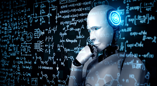 第300名第4名未来派半机械人ThinkingAI仿人机器分析屏幕的数学公式和科方程使用人工智能和机器学习过程进行第四次工业革命3D插图T设计图片