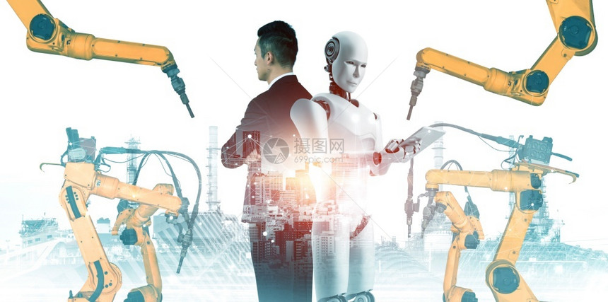 为了数字的机械化工业器人与类工在未来厂中协同作业革命和自动化制造过程的人工智能概念机械化工业器人和类工在未来厂中协同作手臂图片