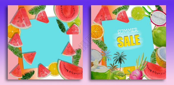 西瓜少女边框夏日水果边框彩色背景及海报设计图片