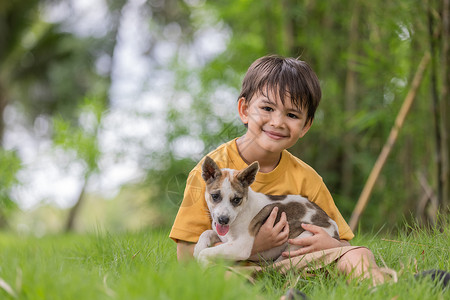 小男孩在草地上和小狗玩耍图片