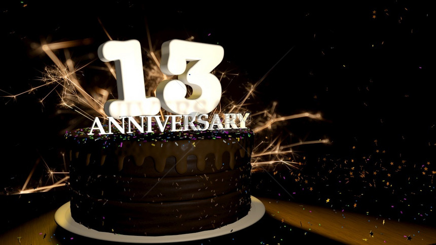 夜晚火焰食物13周年纪念卡圆形巧克力蛋糕装饰着红黄绿的糖衣杏仁木桌上有白色数字背景是人造火星和彩色糖衣丸落在桌子上3D插图周图片