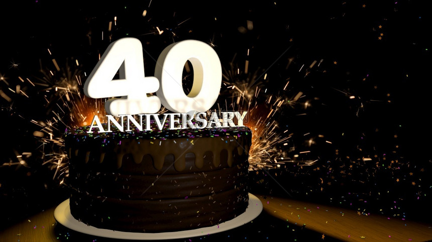 快乐的周年纪念40卡圆形巧克力蛋糕装饰着蓝色红黄绿的糖衣杏仁木桌上有白色数字背景是人造火星和彩色糖衣丸落在桌子上3D插图周年纪念图片