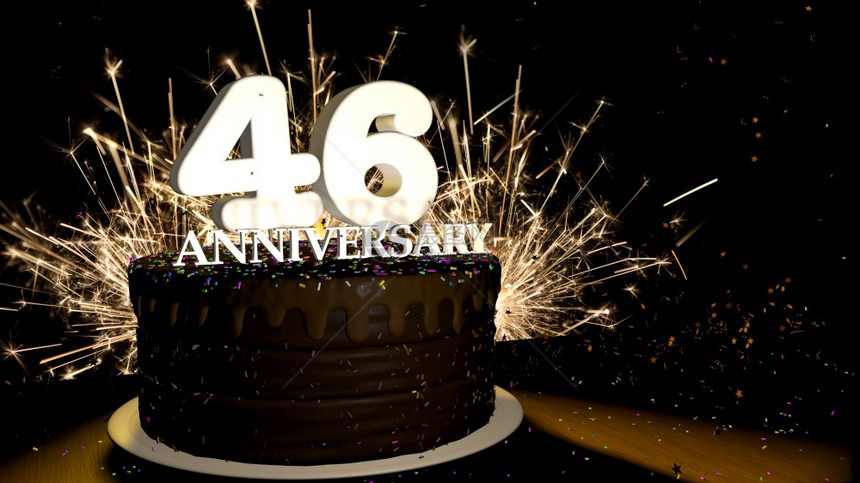周年纪念46卡圆形巧克力蛋糕装饰着蓝色红黄绿的糖衣杏仁木桌上有白色数字背景是人造火星和彩色糖衣丸落在桌子上3D插图周年纪念贺卡巧图片