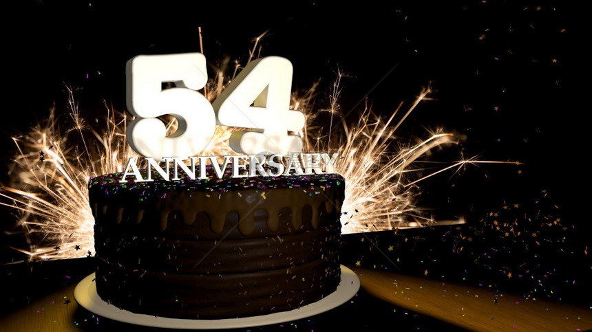 坠落假期快乐的周年纪念54卡圆形巧克力蛋糕装饰着蓝色红黄绿的糖衣杏仁木桌上有白色数字背景是人造火星和彩色糖衣丸落在桌子上3D插图图片