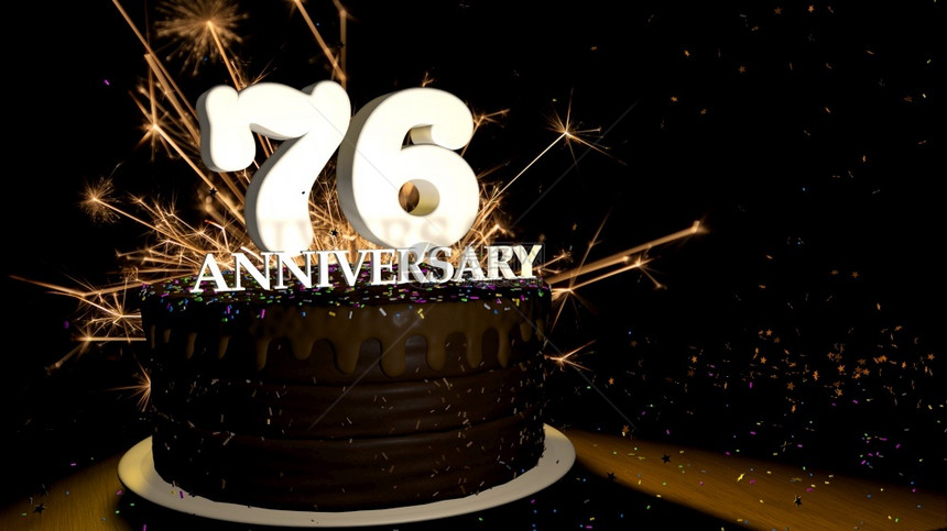 基多天快乐的周年纪念76卡圆形巧克力蛋糕装饰有蓝色红黄绿的糖衣杏仁木桌上有白色数字背景是人造火星和彩色糖衣落在桌子上3D插图周年图片