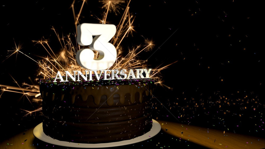 周年纪念日3卡圆形巧克力蛋糕装饰着蓝色红黄绿的糖衣杏仁木桌上有白色数字背景是人造火星和彩色糖衣落在桌子上3D插图周年纪念贺卡巧克图片
