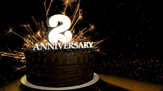 2周年庆典周年纪念2卡圆形巧克力蛋糕装饰着蓝色红黄绿的糖衣杏仁木桌上有白色数字背景是人造火星和彩色糖衣丸落在桌子上3D插图周年纪念贺卡巧克背景