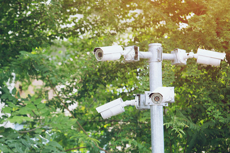 保护特写多角度闭路电视摄像机安装在绿色公园共概念闭路电视摄像机操作观看城市安全盖盗窃软焦点花园镜片监控高清图片素材