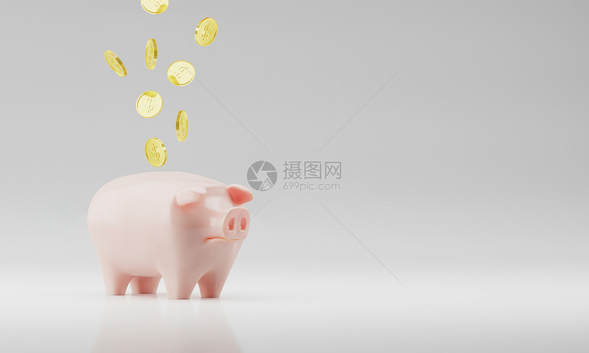 美元将粉色陶瓷小猪银行和漂浮的硬币孤立在白背景设计样板上为图形货币金融储蓄存款传播图片