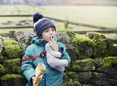 男生脆的小孩在农场散步时吃薯条可爱小男孩在公园吃零食或野餐校外活动与学营概念边走吃饼干和野餐享受背景