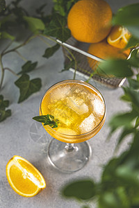 混合味冰棍柑橘深度酒鬼香槟杯加冰的新鲜橙子鸡尾酒用冰敷在灰色桌子表面周围环绕着橘子水果和不同的绿色植物地深浅背景