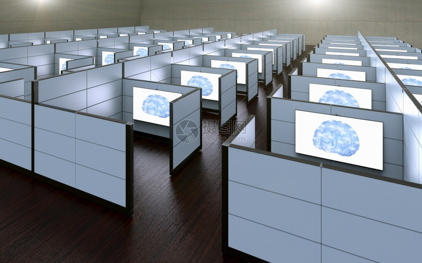 3D提供办公室隔间的概念图像由人工智能取代的人在这种隔间中工作飞跃科学机器图片