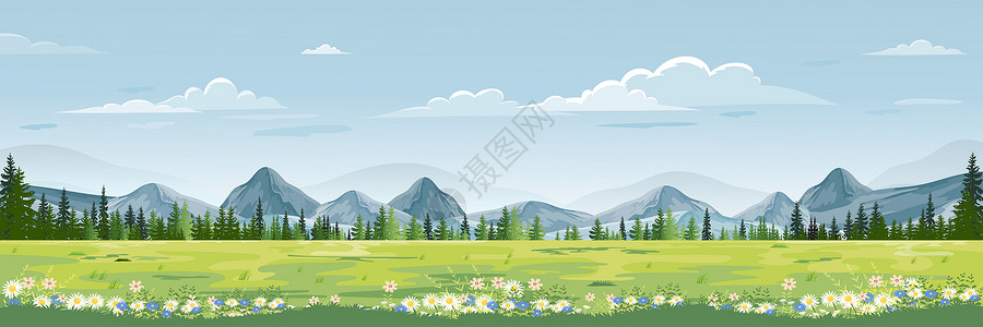 针筒矢量图插画风景优美场平静的春季地有山蓝天空和云色的春地帕诺拉马绿田新鲜而和平的农村大自然春季以绿色草地为在春季和夏横幅上插画卡通矢量图背景