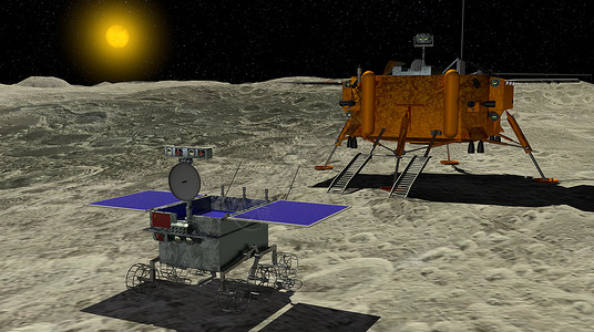 长征2号航天阴影月球探险车YUTU2号滚过月球表面用长阳4号月圆探测器和3D背景太阳图示月亮设计图片