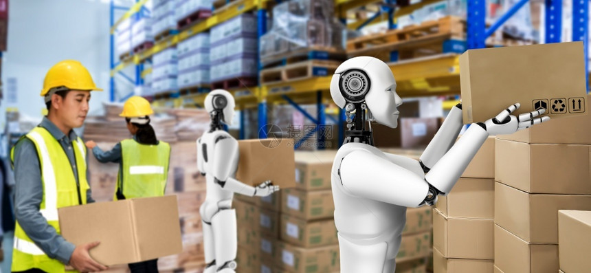 盒子控制论的货物与工人一起在仓库作的创新业机器人革命和自动化制造过程的人工智能概念与人一起在仓库作的创新业机器人图片