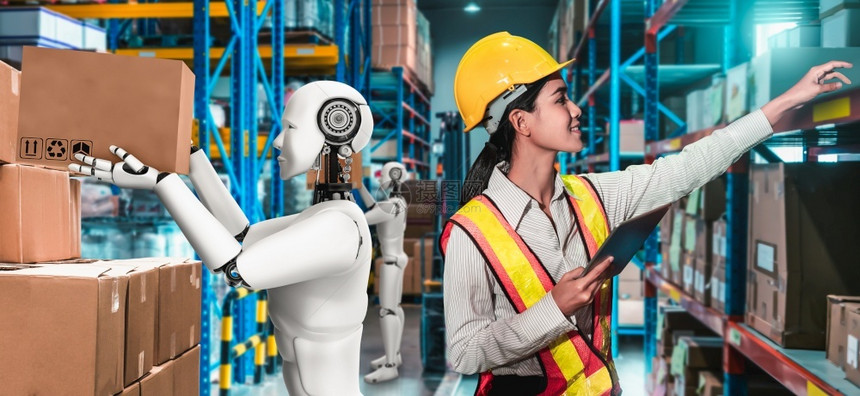 交货门户14数字的与工人一起在仓库作的创新业机器人革命和自动化制造过程的人工智能概念与人一起在仓库作的创新业机器人图片
