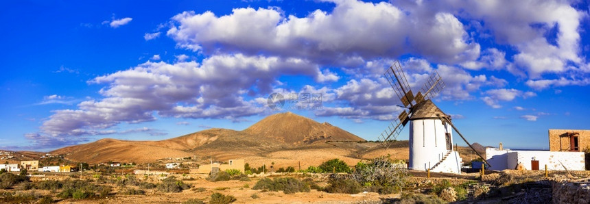 夏天晴假期火山风伏体与传统的风车加那利群岛的景色一起看待火山风车加那利群岛的地貌图片