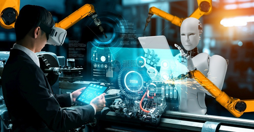 艾oopicapi半机械人化工业器人与类工在未来厂中协同作业革命和自动化制造过程的人工智能概念机械化工业器人和类工在未来厂中协同图片