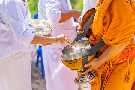 崇拜佛教僧侣Sanghagivealms的僧侣与一位佛教和尚他于上午从佛教祭品中出来以表明信仰忠实地履行最近的职责老挝文化背景