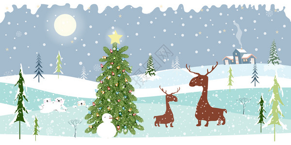 波拉冰年轻的快乐奇幻之地冬季风景山丘落雪圣诞树人北极熊家庭妈和儿子驯鹿圣诞快乐和新年背景插画