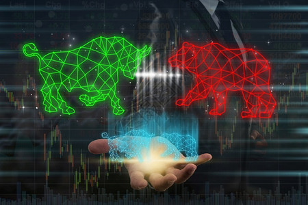 双预售券图表数据曼谷Businessmanhand持有公牛和熊多边形的Bull和Bear两手双接触用线条和点对证券市场交换信息和城市背景设计图片