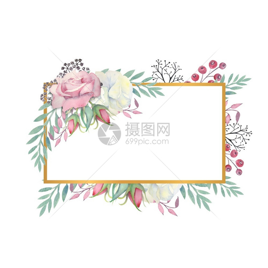 白玫瑰和粉红花绿色叶子金形长方框的浆果与花朵结合的婚织概念水彩装饰贺卡或邀请函的布质白玫瑰和粉红花绿树叶金形长方框的浆果水彩图画图片
