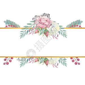 婚礼边框白玫瑰和粉红花绿色叶子金形长方框的浆果与花朵结合的婚织概念水彩装饰贺卡或邀请函的布质白玫瑰和粉红花绿树叶金形长方框的浆果水彩图画背景