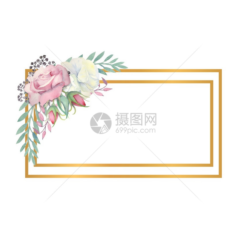 白玫瑰和粉红花绿色叶子金形长方框的浆果与花朵结合的婚织概念水彩装饰贺卡或邀请函的布质白玫瑰和粉红花绿树叶金形长方框的浆果水彩图画图片