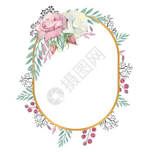 白玫瑰花环白玫瑰和粉红花朵绿叶果子在金奥瓦尔框中的浆果与花朵结合的婚礼概念水彩装饰贺卡或邀请函的布料白玫瑰和粉红花金黄色圆木框架中的浆果水背景