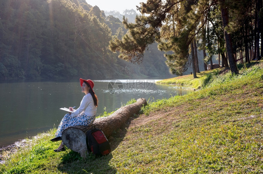 树坐在大圆木上花园写日记由泰国女孩坐在花园湖边的马宏松省PangOung湖MaeHongSon下昂假期图片