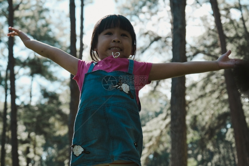 森林活跃的小女孩在温暖夏日松林中奔跑快乐的女孩笑着微同时与家人一起在公园度假学习户外图片